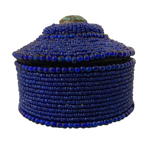 Blue Beaded Trinket Box With Turquoise Mosaic Top - Picture 3 of 9